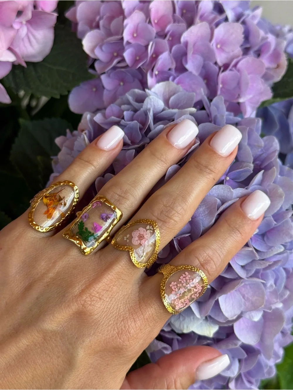 Adjustable Gold Pressed Flower Rings set of 4|Vintage Botanical Statement Jewery